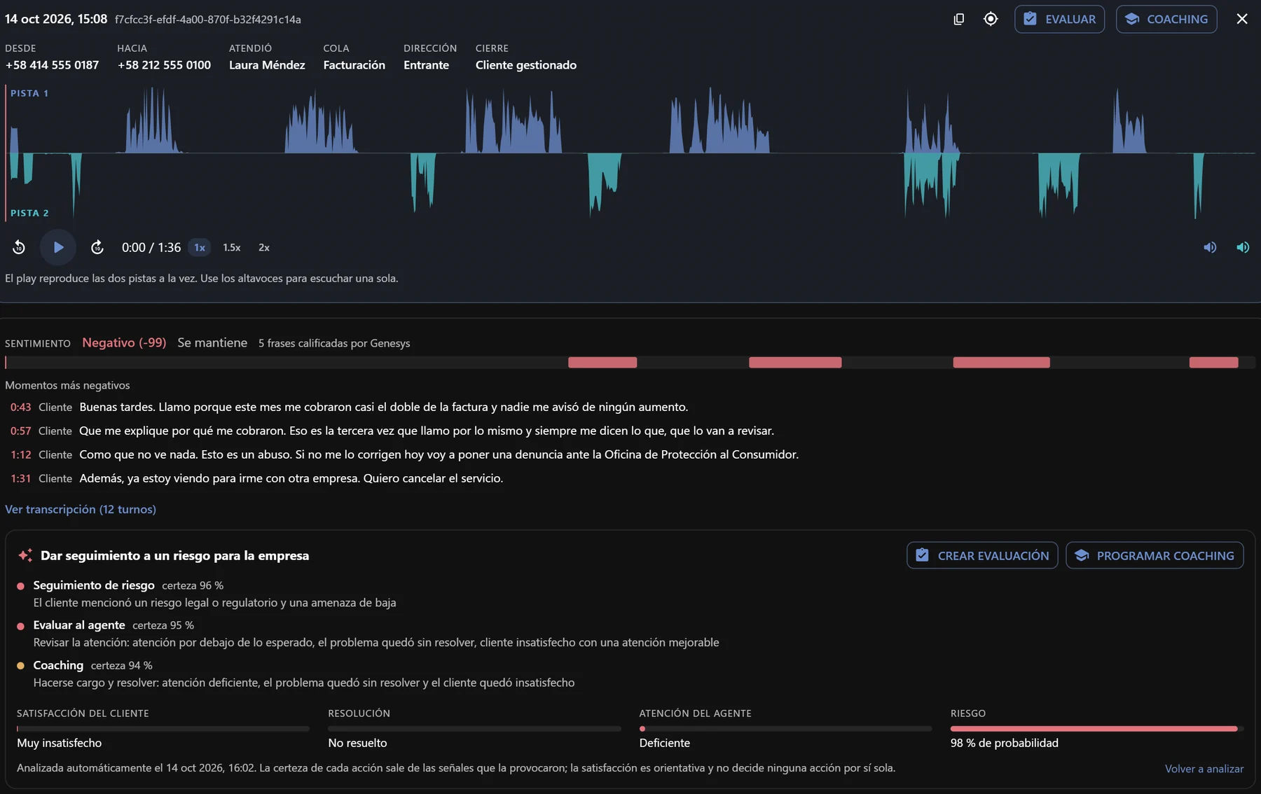 Reproductor con sentimiento y análisis de la llamada