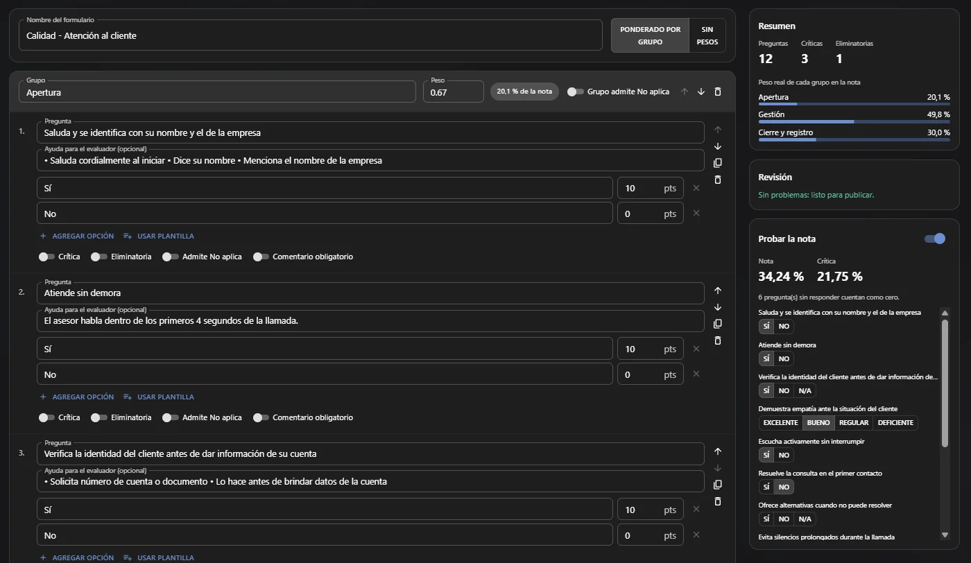 Constructor de formularios con prueba de la nota