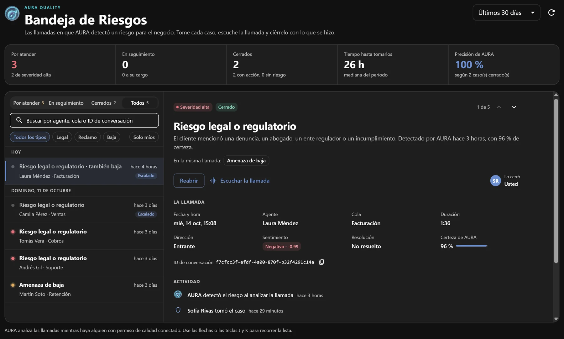 Bandeja de Riesgos de AURA con un caso de riesgo legal